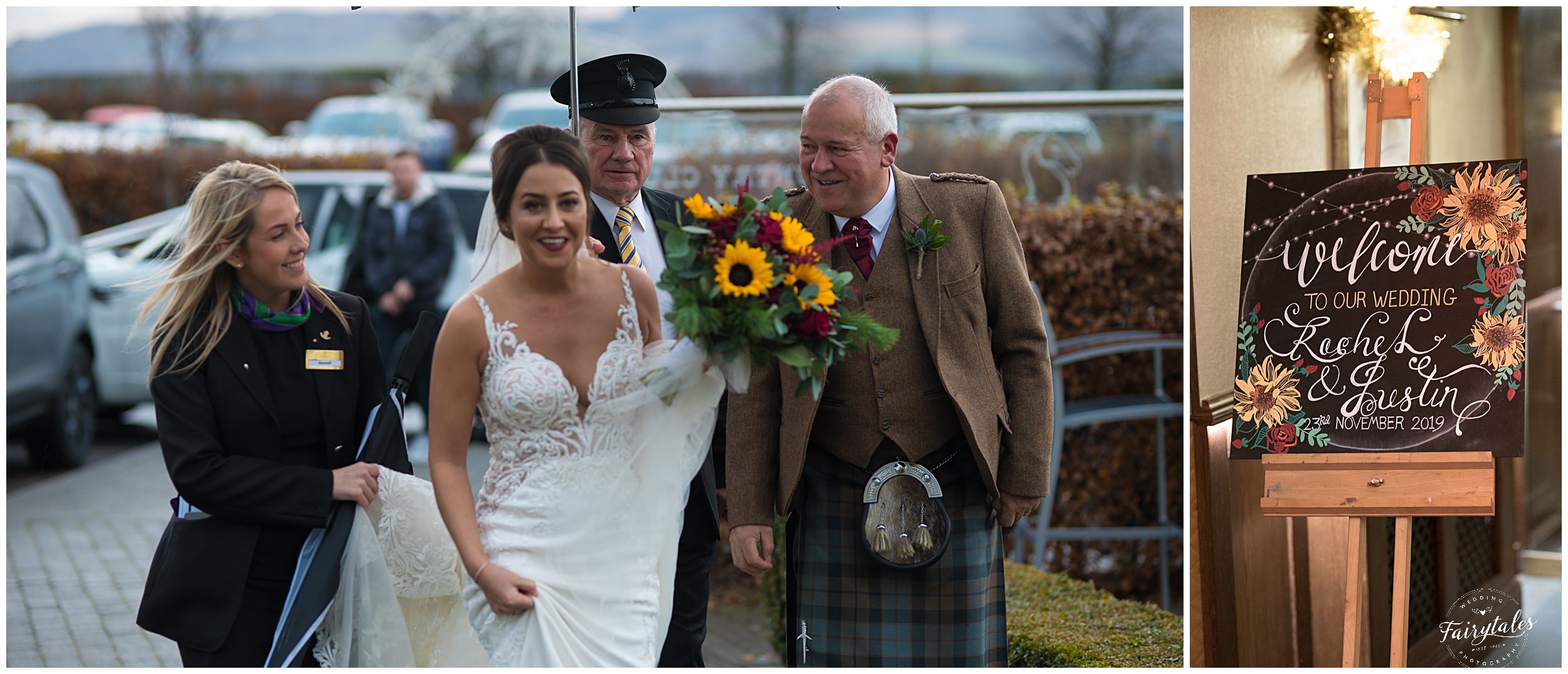 bride arriving at Ingliston with father and wedding coordinator
